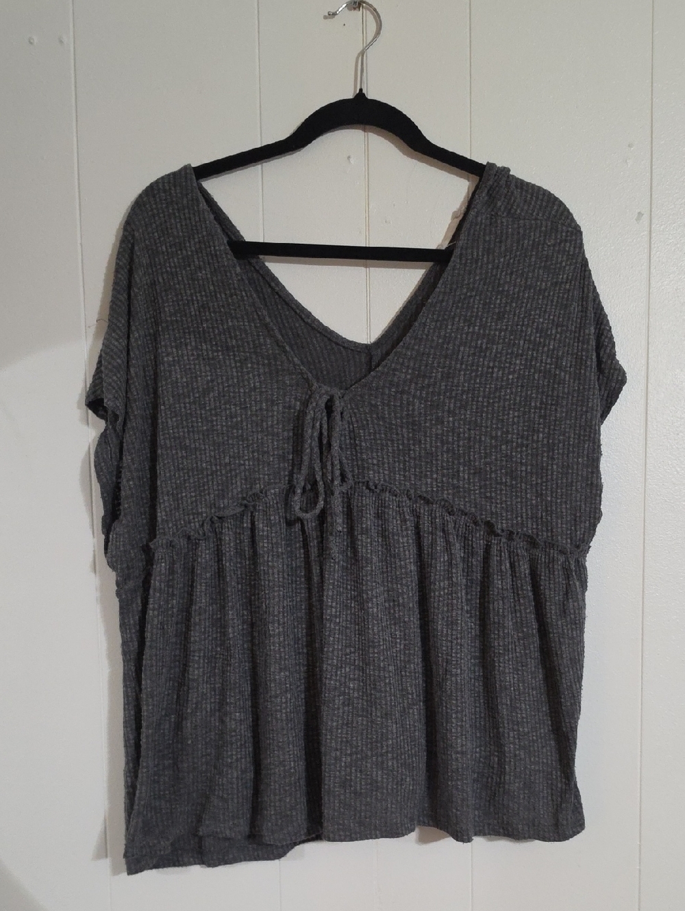 FREE w/ $10 purchase- Altar'd State Charcoal Ribbed V-Neck Tie-Front Tunic